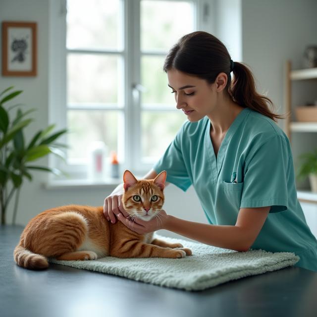 Tierärztin untersucht eine entspannte Katze in einer ruhigen Umgebung