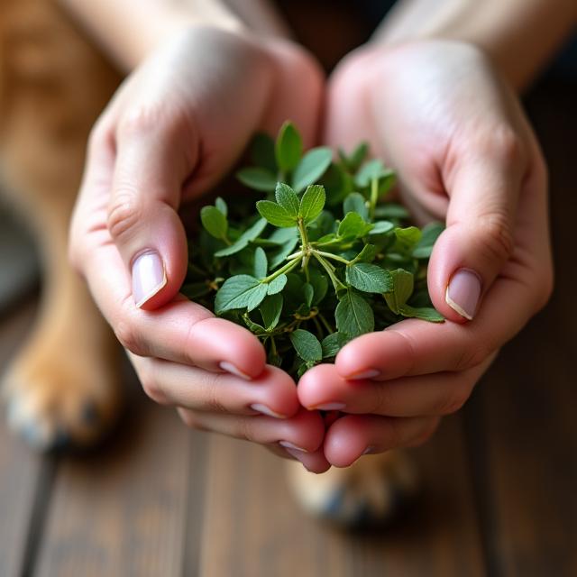 Hand mit Kräutern für natürliche Tiermedizin